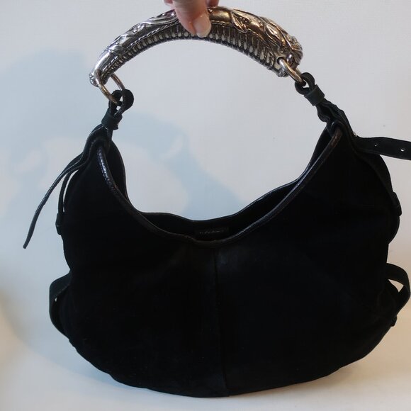 Authentic YSL Yves Saint Laurent Black Suede Mombasa Silver Horn Hobo Handbag - Picture 2 of 16